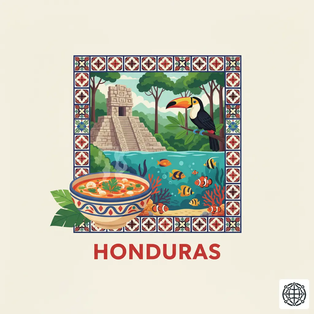 A stylized, modern illustration of Honduras, featuring the Mayan ruins of Copán, a colorful toucan in a rainforest, a coral reef with tropical fish, and a bowl of Sopa de Caracol.
