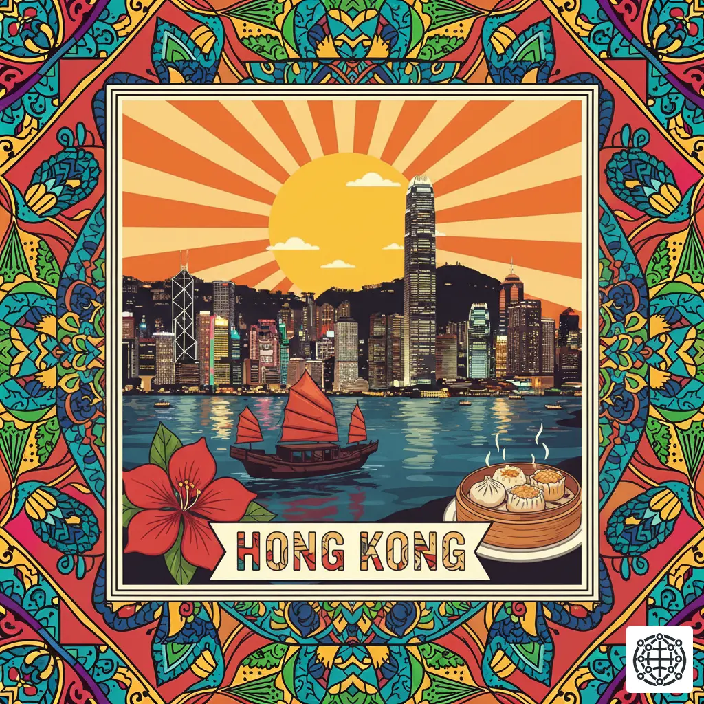 A stylized, modern illustration of Hong Kong, featuring the iconic skyline over Victoria Harbour, a traditional junk boat, a plate of dim sum, and a bauhinia flower.
