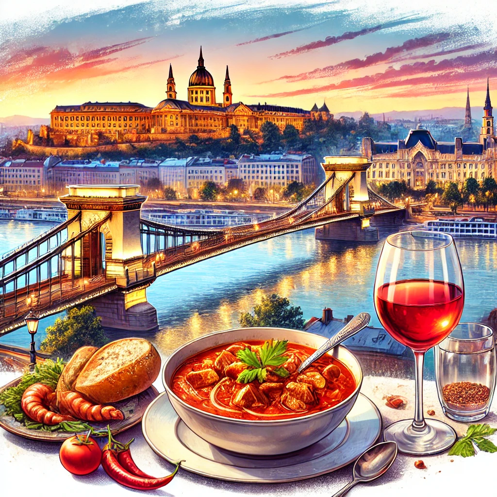 A scenic view of Budapest featuring the Danube River, Buda Castle, and the iconic Chain Bridge at sunset, along with a traditional Hungarian Goulash dish and a glass of Tokaji wine.