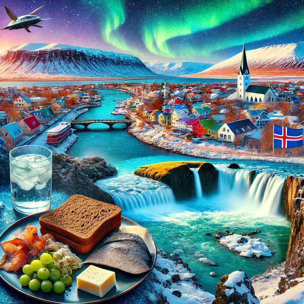 A breathtaking view of Reykjavik with colorful rooftops, an image of the iconic Gullfoss waterfall, a plate of traditional Icelandic food including hákarl, and the vibrant northern lights over snow-covered landscapes.