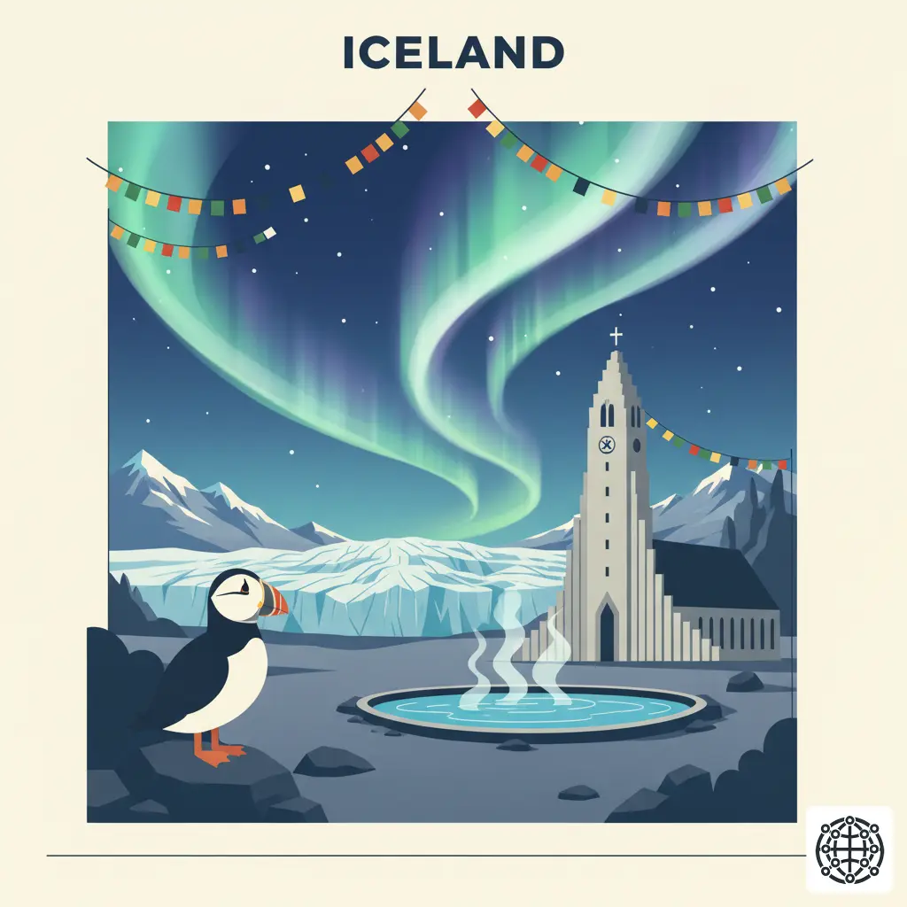 A stylized, modern illustration of Iceland, featuring the Northern Lights over a glacier, a puffin, the Hallgrímskirkja church, and a geothermal hot spring.