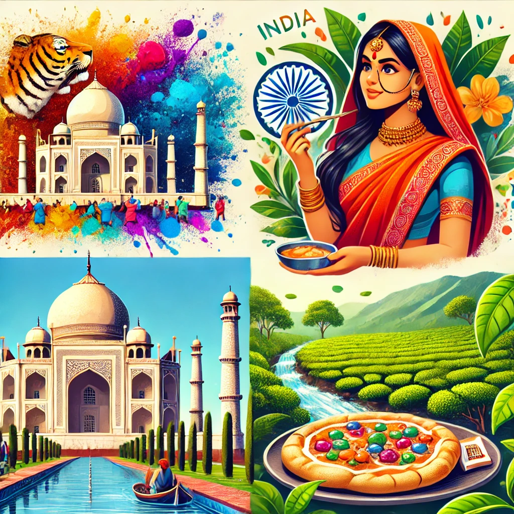 A vibrant quiz illustration featuring iconic Indian symbols like the Taj Mahal, colorful Holi celebrations, a woman in a sari, naan bread, and tea plantations. Highlight India's rich culture, diversity, and traditions in a dynamic and engaging way.