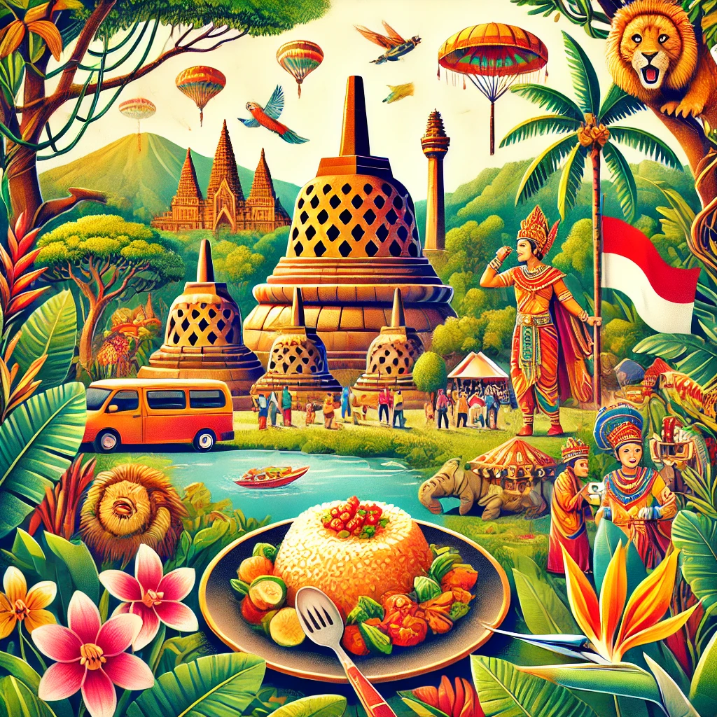 A vibrant image of Indonesia featuring iconic landmarks like Borobudur, traditional dishes like Nasi Goreng, lush tropical rainforests, and cultural festivities with colorful costumes.