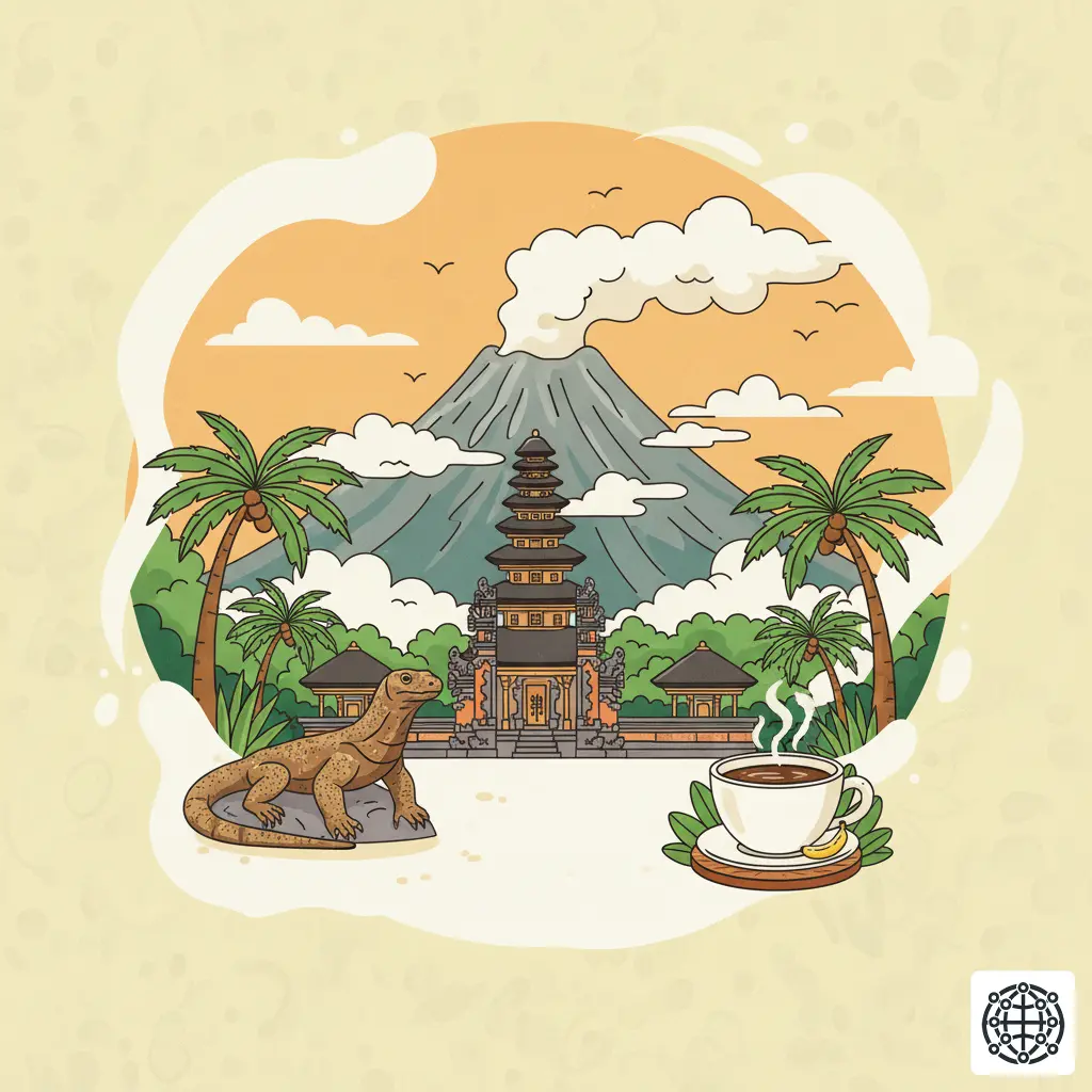 A stylized, modern illustration of Indonesia, featuring a volcano, a traditional temple, a Komodo dragon, and a cup of coffee.