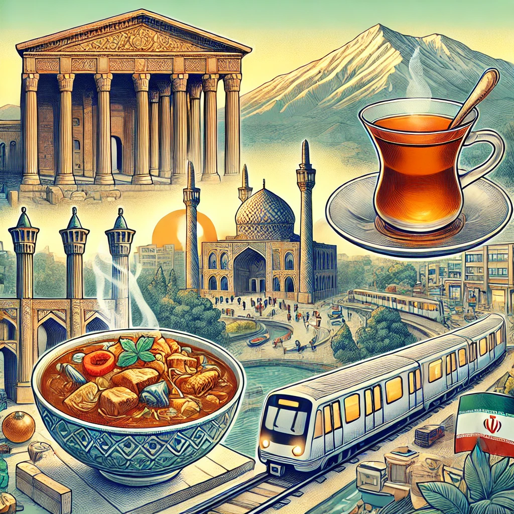 A captivating illustration featuring Persepolis, a steaming bowl of Ghormeh Sabzi, a cup of Persian tea, the bustling streets of Tehran with its metro, and the majestic Alborz mountains in the background.