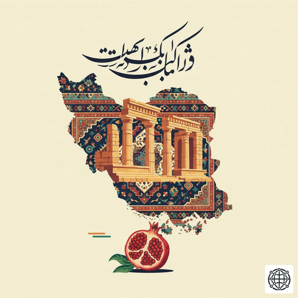 A stylized, modern illustration of Iran, featuring the ruins of Persepolis, a Persian carpet pattern, a calligraphic design, and a pomegranate.