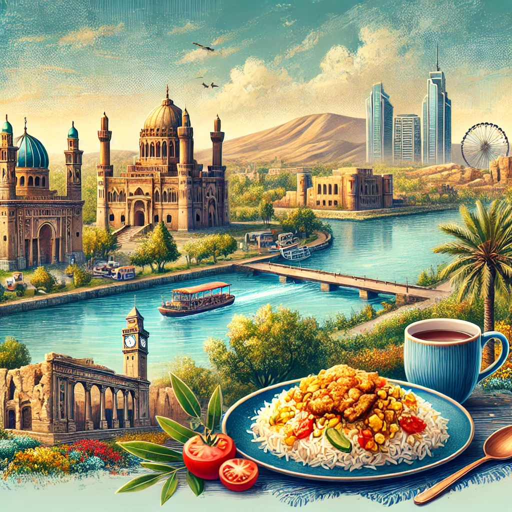 A view of Baghdad with its historic skyline, the Tigris River flowing through the city, a traditional Iraqi dish like Biryani, and the ancient ruins of Babylon in the background.