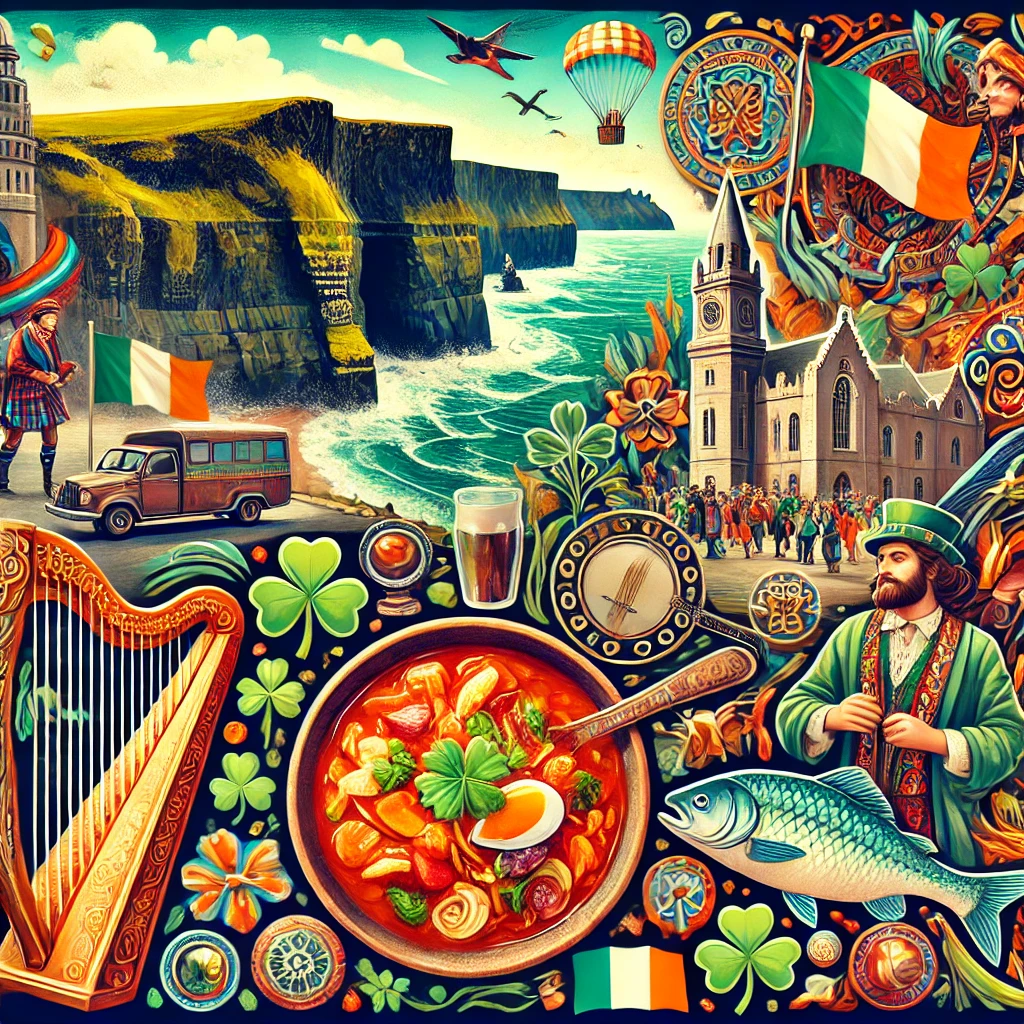 A vibrant quiz scene featuring Ireland’s iconic landmarks such as the Cliffs of Moher, traditional dishes like Irish Stew, cultural symbols such as the harp and shamrock, and festive celebrations like St. Patrick’s Day.