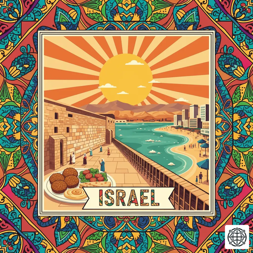 A stylized, modern illustration of Israel, featuring the Western Wall in Jerusalem, the beaches of Tel Aviv, a plate of falafel, and the Dead Sea.