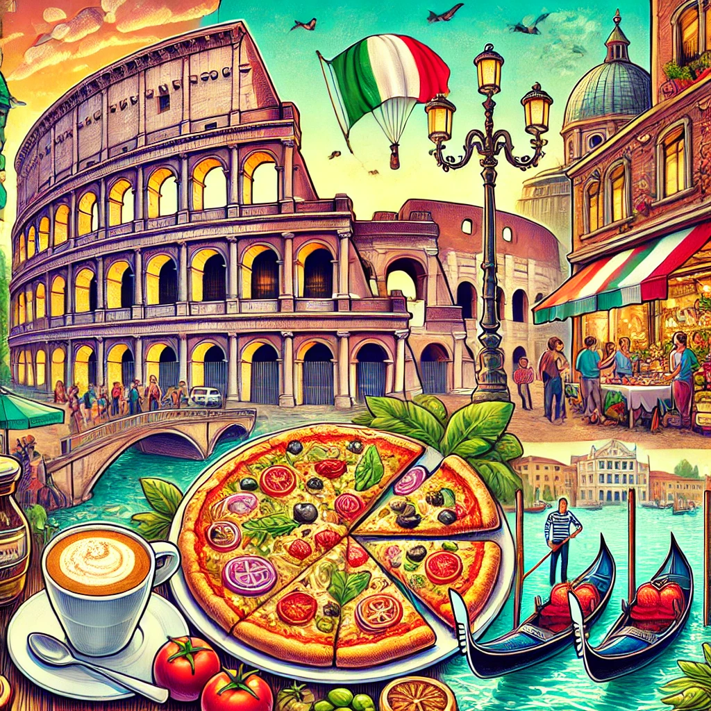 A vibrant image featuring the Colosseum, a plate of pizza, a cup of espresso, gondolas in Venice, and a family enjoying an Italian meal.