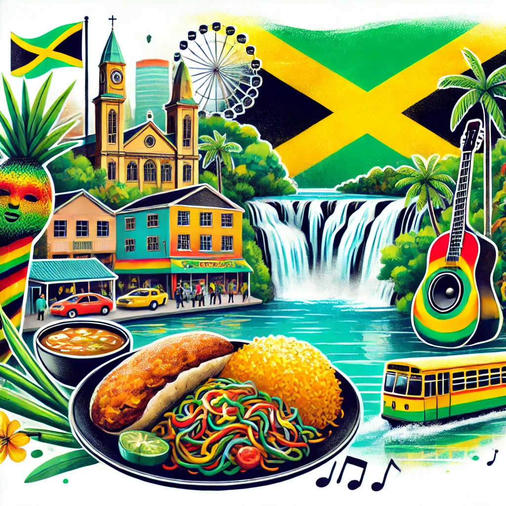 A vibrant image featuring Kingston’s cityscape, a plate of ackee and saltfish, reggae music symbols, Dunn’s River Falls, and Jamaica’s iconic colors of green, yellow, and black.