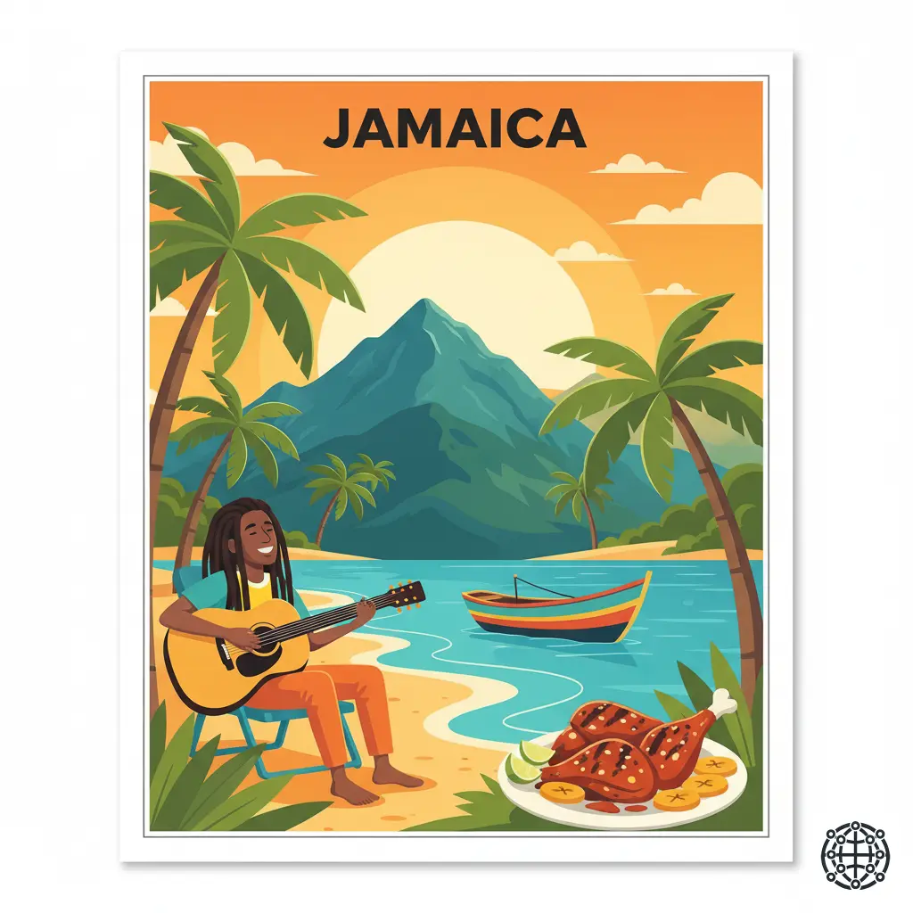 A stylized, modern illustration of Jamaica, featuring a musician with dreadlocks playing a guitar, the Blue Mountains in the background, a plate of jerk chicken, and a colorful beach scene.