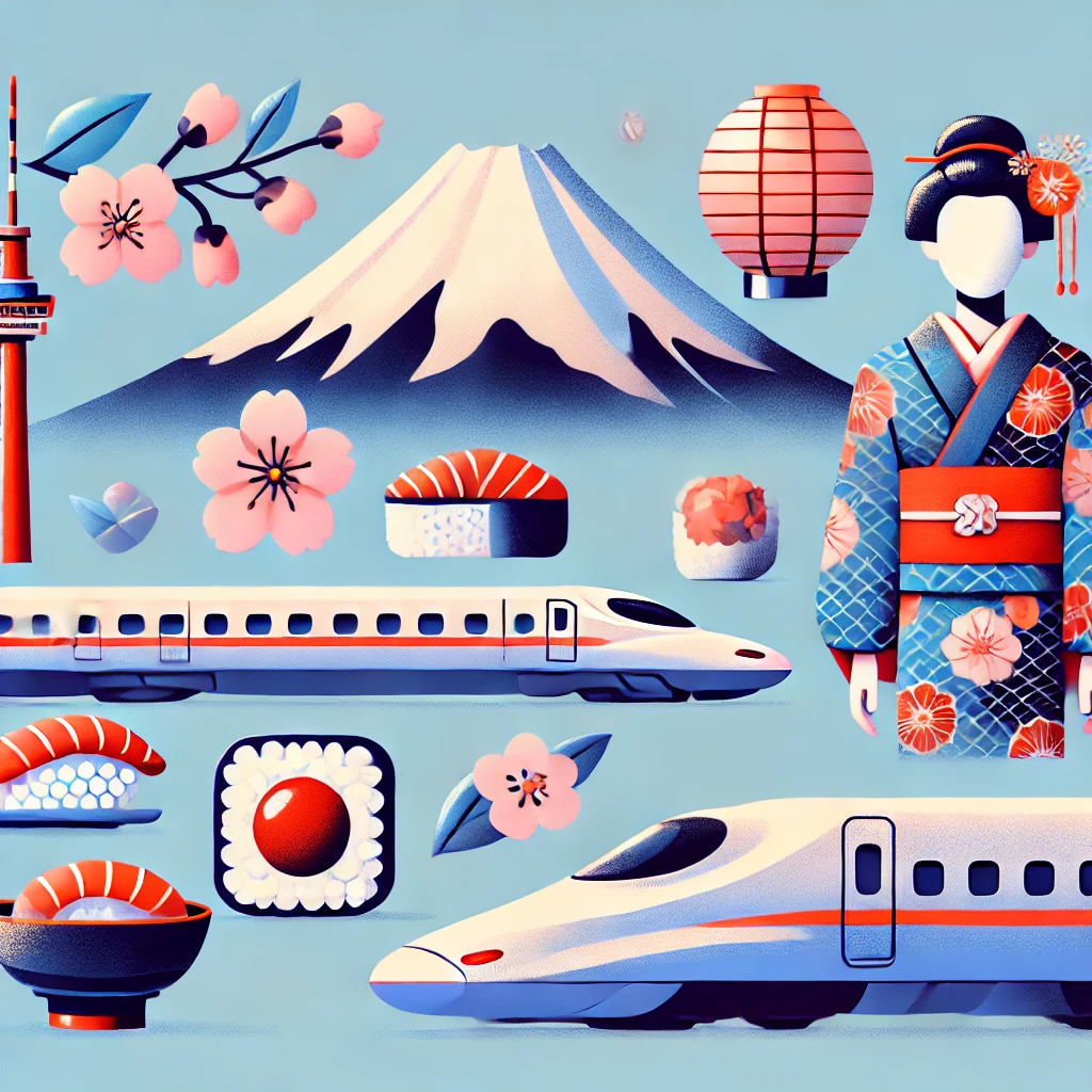 An engaging quiz image featuring iconic Japanese elements like Mount Fuji, cherry blossoms, sushi, a kimono-clad figure, and a Shinkansen train. Highlight Japan’s harmony between tradition and modernity in a visually appealing way.