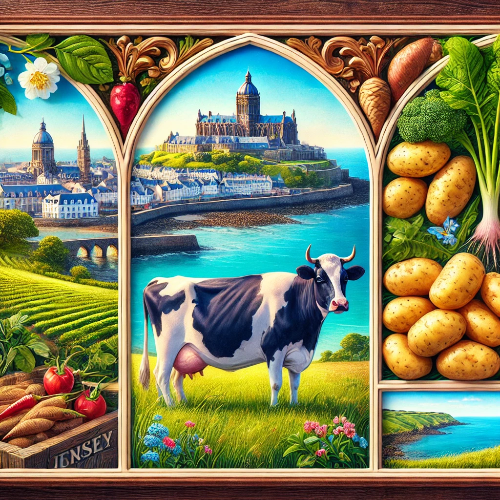 An artistic depiction of Jersey, showcasing Saint Helier, Jersey Royal potatoes, the English Channel, and a Jersey Cow.