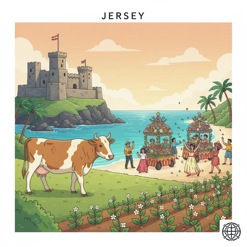 A stylized, modern illustration of Jersey, featuring Mont Orgueil Castle, a Jersey cow, a field of Jersey Royal potatoes, and the Battle of Flowers parade.