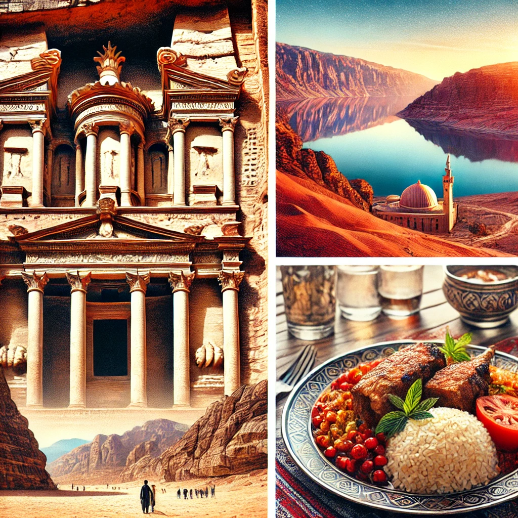 A stunning view of Petra with its iconic Treasury facade, the unique desert landscapes of Wadi Rum, traditional Mansaf dish served with lamb and rice, and the serene waters of the Dead Sea.