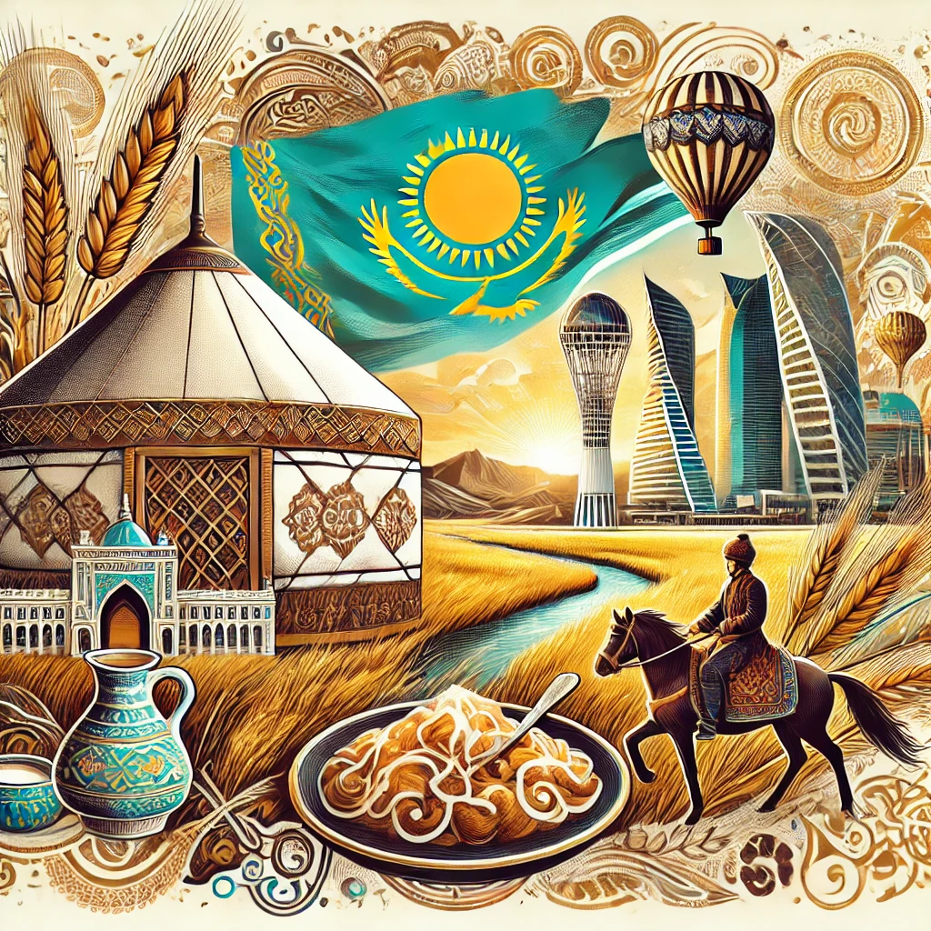 A dynamic illustration featuring a traditional yurt in a vast Kazakh steppe, a plate of Beshbarmak, the cityscape of Astana, and a Kazakh musician playing the Dombra. Include Silk Road motifs.