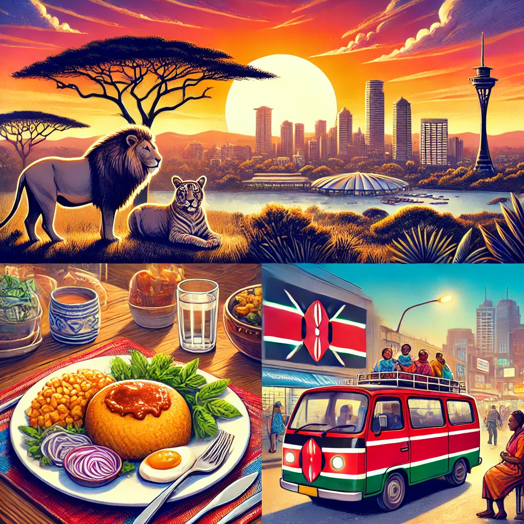 A scenic image of the Masai Mara National Reserve with wildlife, Nairobi cityscape at sunset, a plate of Ugali with traditional Kenyan sides, and a Matatu on a vibrant street.