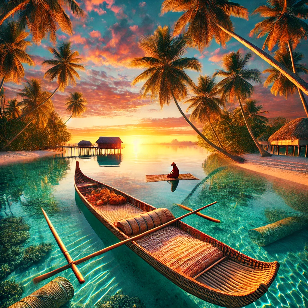 An idyllic tropical island scene in Kiribati with a traditional outrigger canoe on crystal-clear waters, locals weaving mats under palm trees, and a vibrant sunset sky in the background.