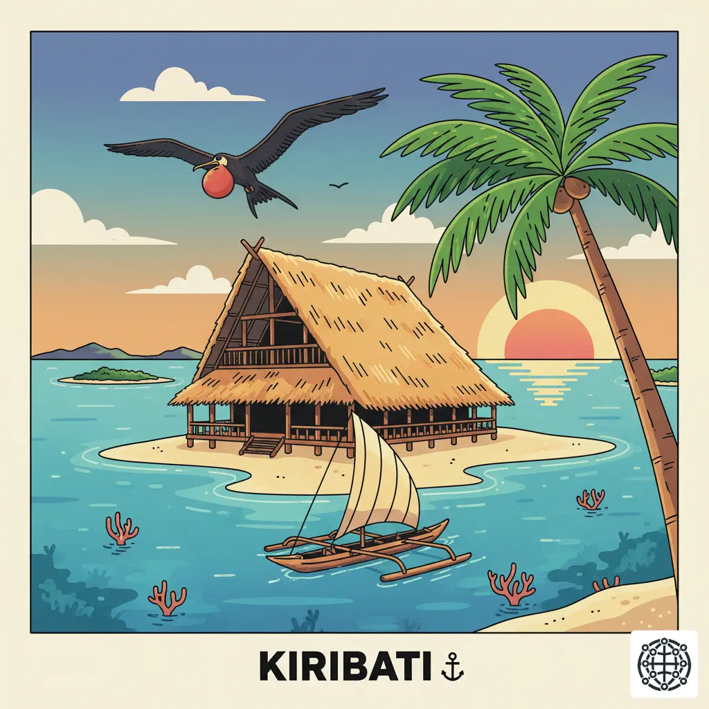 A stylized, modern illustration of Kiribati, featuring a traditional maneaba, an outrigger canoe on a turquoise lagoon, a frigatebird, and a coconut tree.