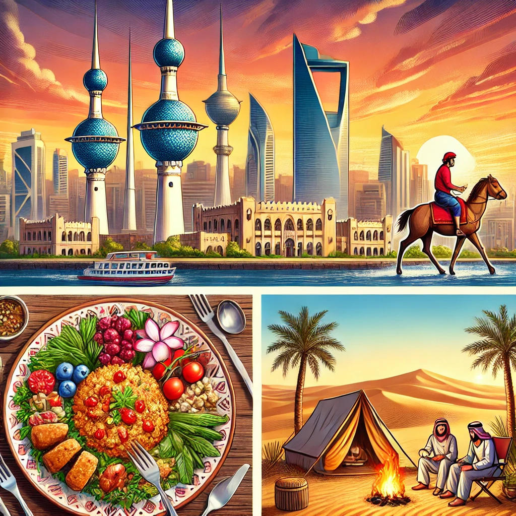 An image of Kuwait Towers against a sunset backdrop, a plate of traditional Majboos dish, and people enjoying desert camping in the Kuwaiti dunes.