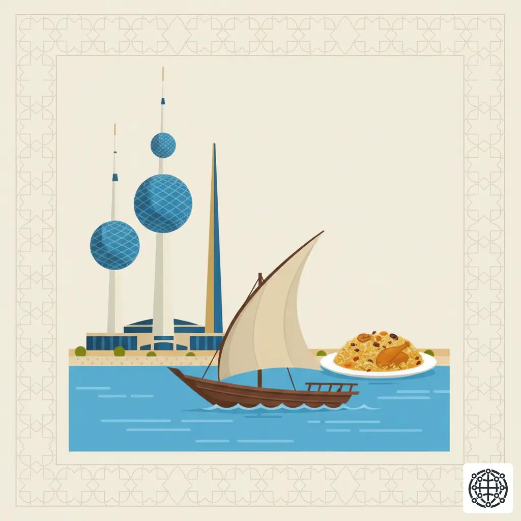 A stylized, modern illustration of Kuwait, featuring the Kuwait Towers and Liberation Tower, a traditional dhow boat on the water, and a plate of machboos.