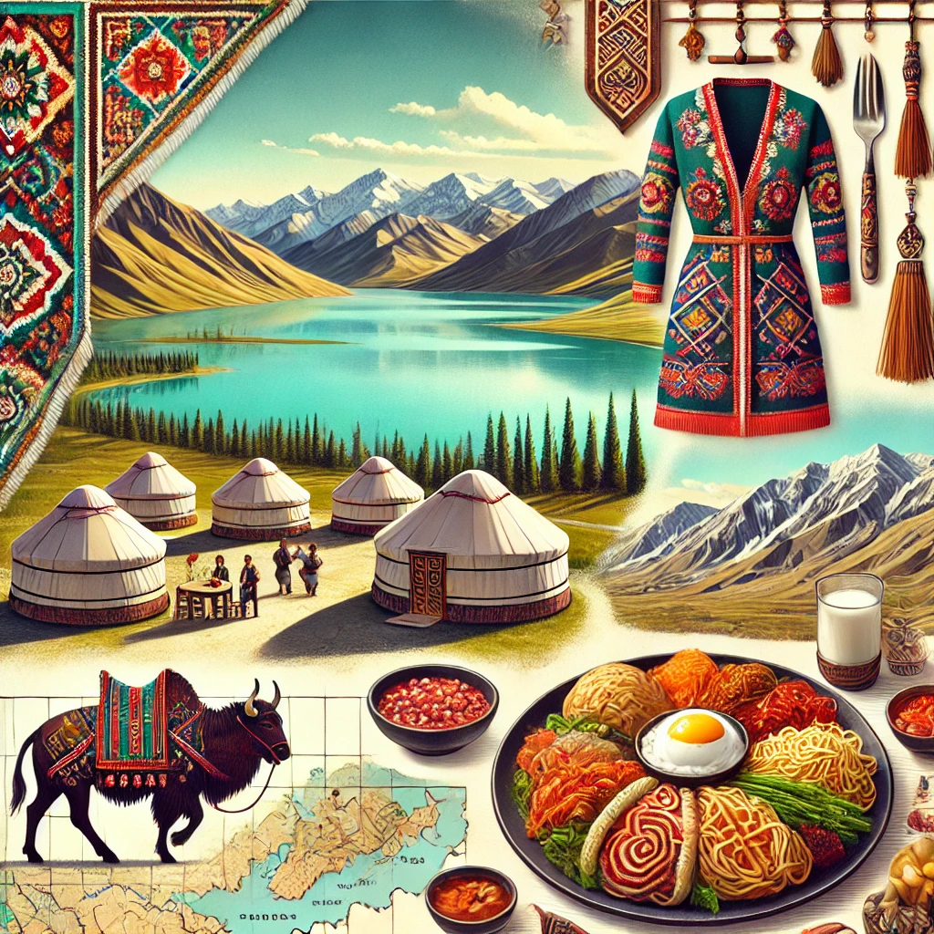 An image featuring Kyrgyzstan's stunning Lake Issyk-Kul, traditional yurts, colorful Shyrdak felt crafts, Beshbarmak dish, and a historical map highlighting the Silk Road routes.