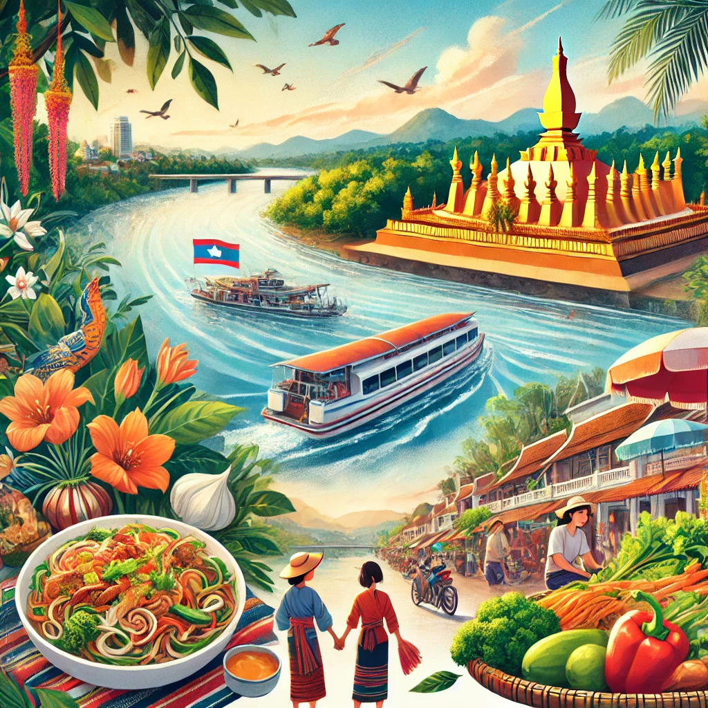 An image featuring the scenic Mekong River, the vibrant Pi Mai festival, traditional Laotian dishes like Larb, and a bustling market in Vientiane.