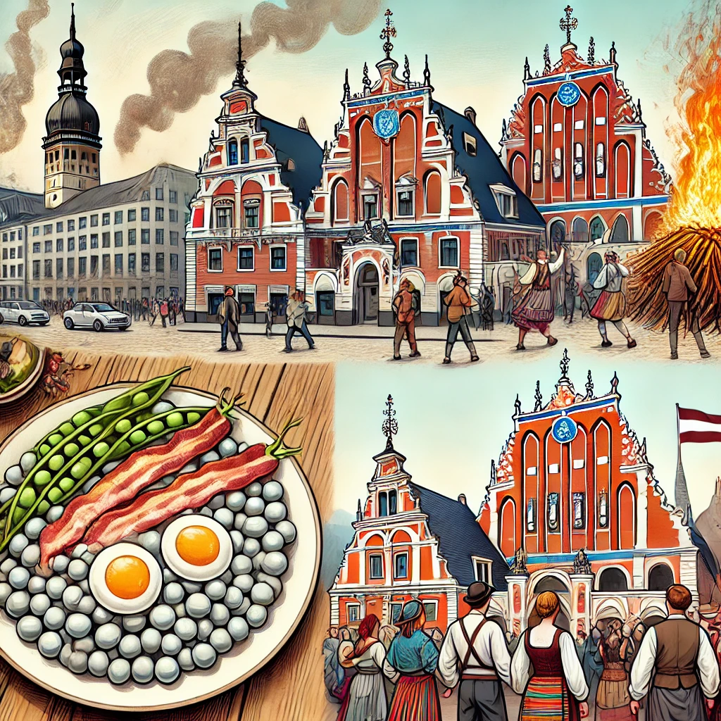 An image showcasing the Historic Centre of Riga with iconic Art Nouveau architecture, traditional grey peas with bacon dish, and vibrant Saint John's Eve celebration scenes.