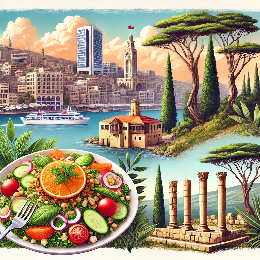 A scenic view of Beirut with iconic buildings, a traditional plate of fattoush and tabbouleh, the famous cedar trees of Lebanon, and an ancient site in Byblos with historical ruins.