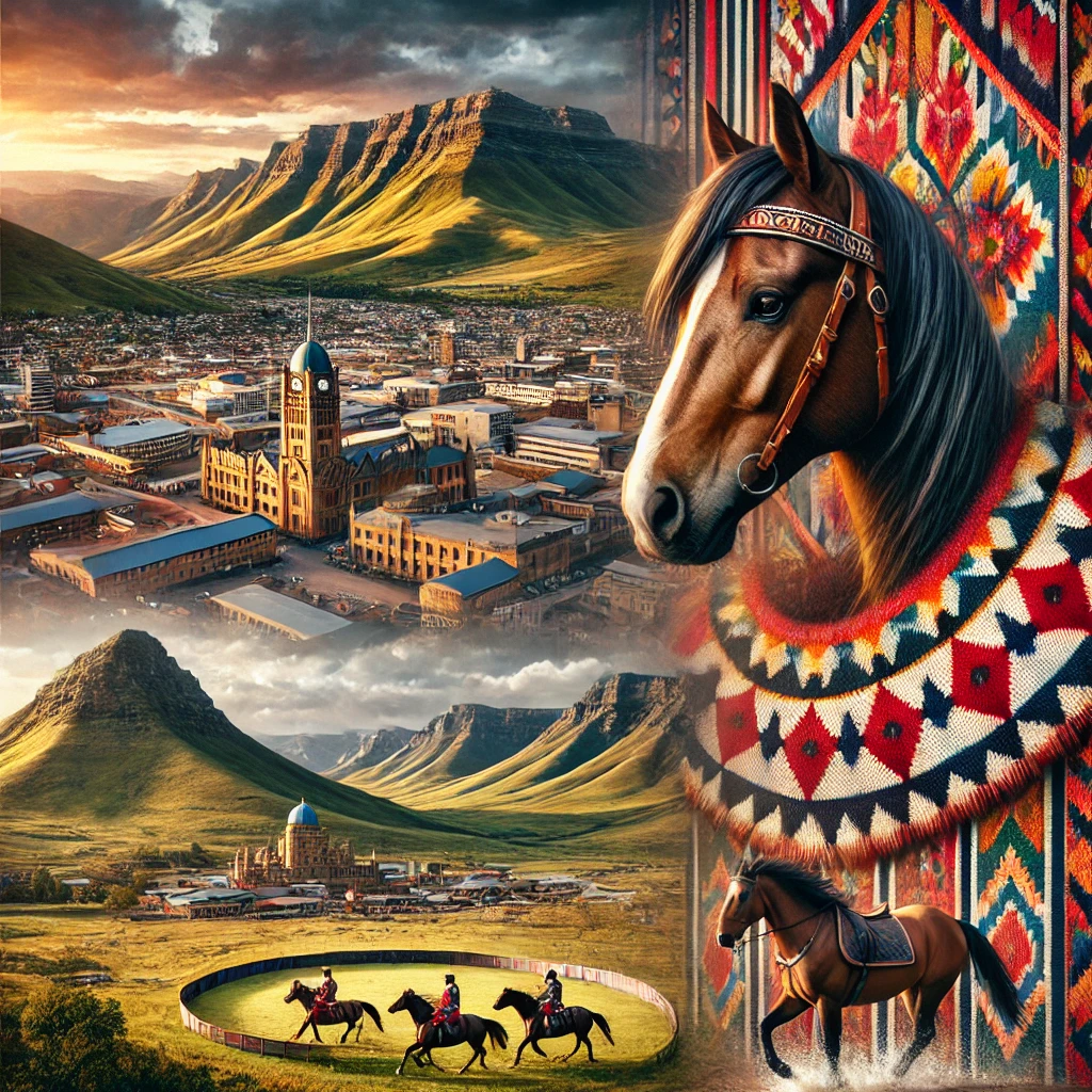 An image featuring the capital city Maseru with its mountainous backdrop, a Basotho blanket, a herd of horses representing traditional horse racing, and a high-altitude plateau view showcasing Lesotho’s unique geography.