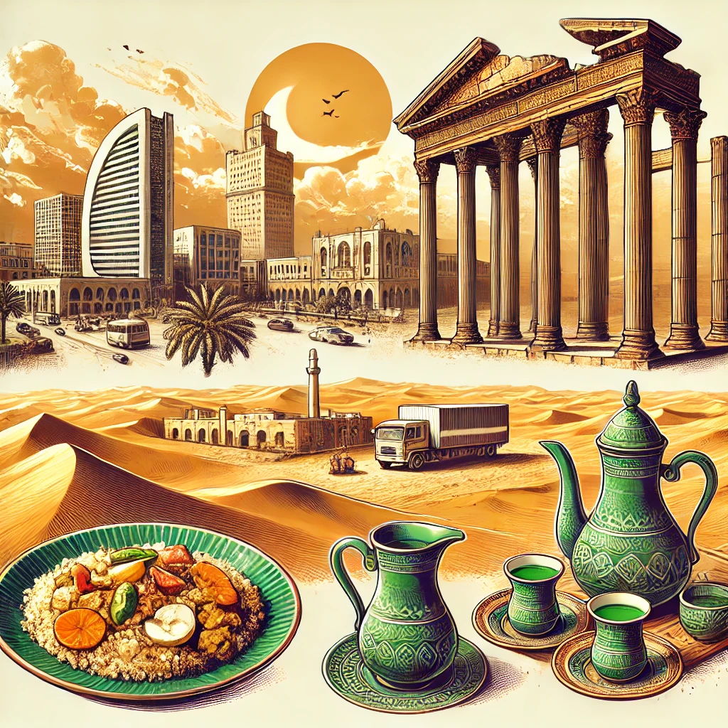 A vibrant image featuring Tripoli’s skyline, Leptis Magna ruins, the vast Sahara Desert, a plate of couscous, and a traditional green tea setup, all with warm desert tones.