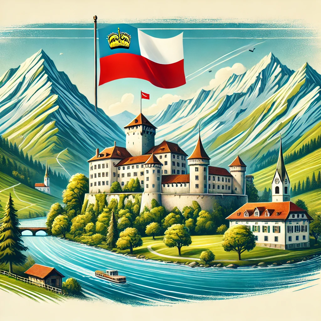 A scenic illustration of Liechtenstein featuring the Vaduz Castle, the Alps in the background, and traditional elements such as the Liechtenstein flag.