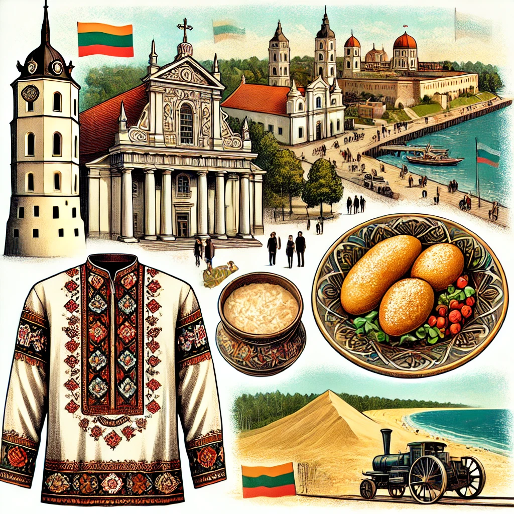 An image showcasing Vilnius’s Old Town, the Curonian Spit, traditional Cepelinai dish, an embroidered Lithuanian shirt, and a historical representation of the Baltic Way, highlighting Lithuania’s heritage and landmarks.