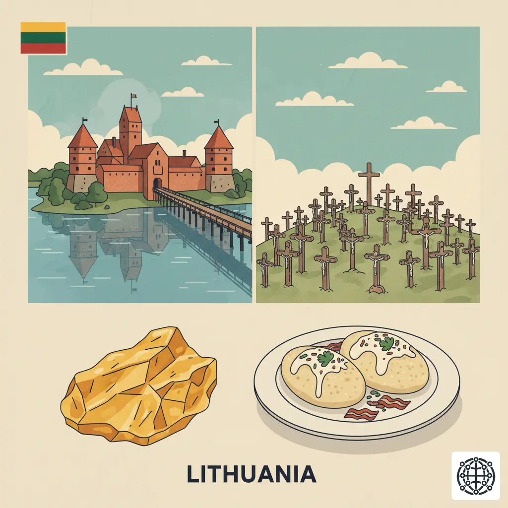 A stylized, modern illustration of Lithuania, featuring the Trakai Island Castle, the Hill of Crosses, a plate of Cepelinai, and a piece of amber.