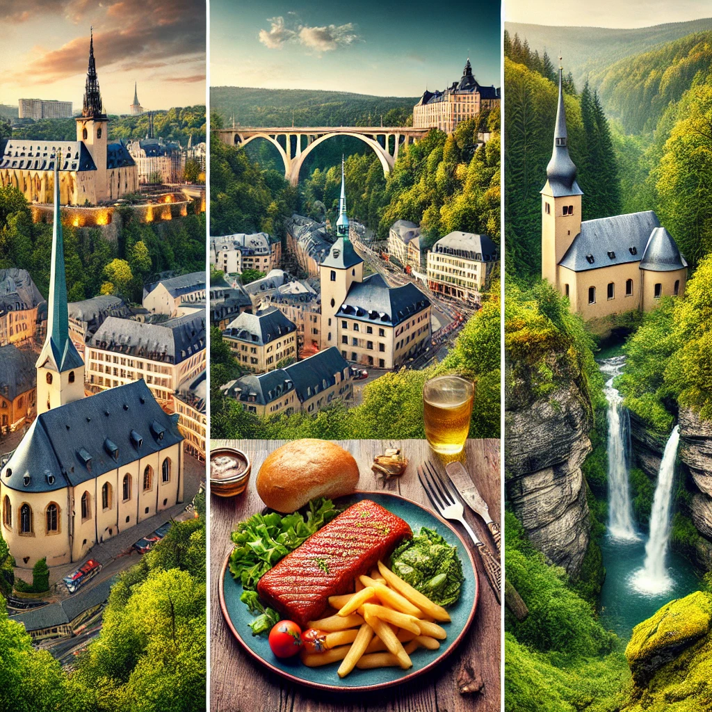 An image showing Luxembourg City with its iconic bridges and medieval architecture, traditional Luxembourgish dishes like Judd mat Gaardebounen, and scenic views of the Mullerthal region’s hiking trails and lush landscapes.