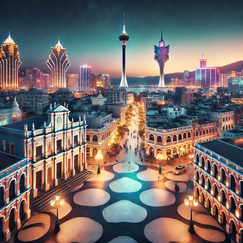 An image showcasing Senado Square, the Macau Tower, a mix of Portuguese and Chinese architecture, and a view of Macau's vibrant city skyline at night.