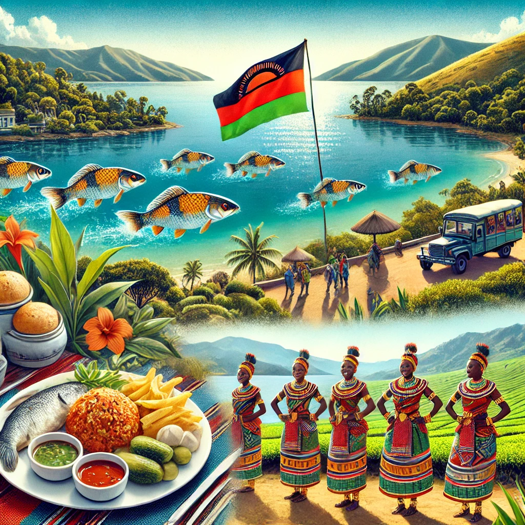 An image featuring Lake Malawi with colorful fish, traditional nsima dish, Malipenga dancers in vibrant attire, and lush landscapes with tea plantations.