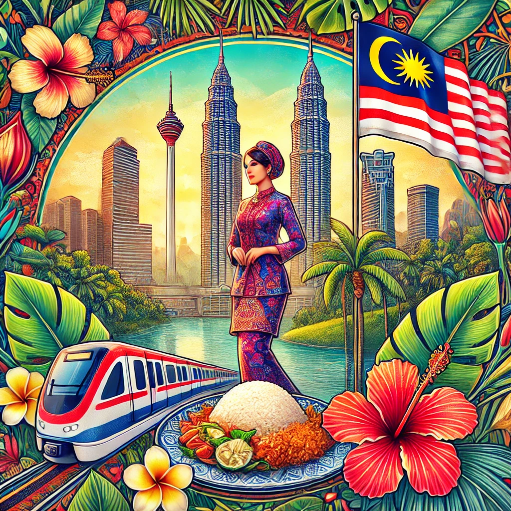 A vibrant image showcasing Malaysia’s Petronas Twin Towers, a plate of Nasi Lemak, a woman in traditional Baju Kurung, the Hibiscus flower, and a bustling monorail in Kuala Lumpur against a tropical backdrop.