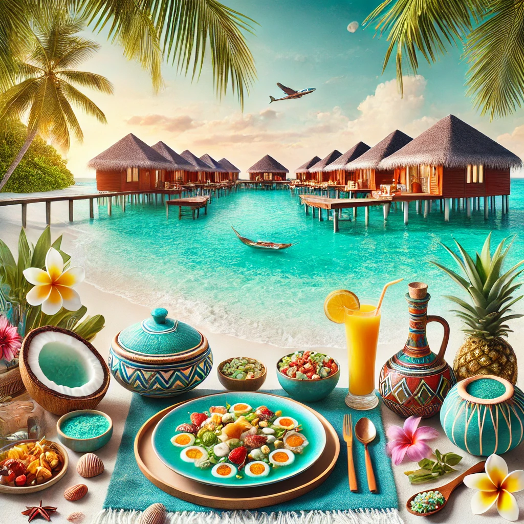 A captivating image featuring the Maldives' turquoise lagoons, overwater villas, traditional Mas Huni dish, and vibrant Dhivehi culture, set against a backdrop of pristine white sandy beaches and palm trees.