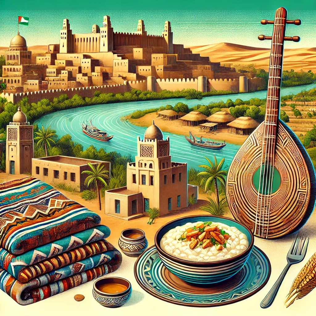 An image featuring the ancient city of Timbuktu, traditional Malian Bogolan (mudcloth), a kora musical instrument, Tô (millet porridge), and a scenic view of the Niger River.