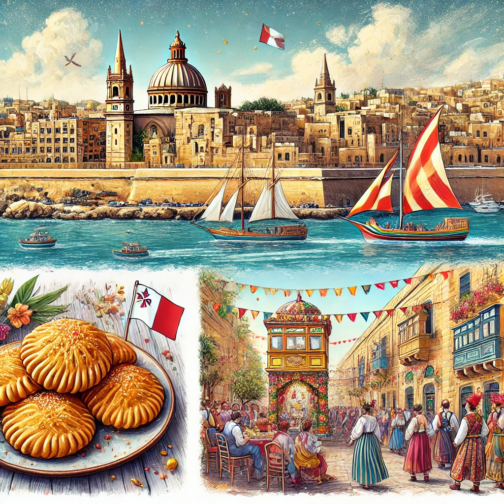 An iconic view of Valletta with its limestone buildings, a plate of pastizzi, a colorful luzzu boat on clear Mediterranean waters, and a vibrant Maltese festival scene.