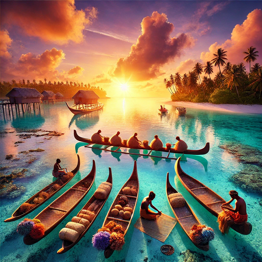 A serene coastal scene of the Marshall Islands with traditional canoes on a clear lagoon, a vibrant sunset, and locals weaving mats, showcasing the rich culture and natural beauty.