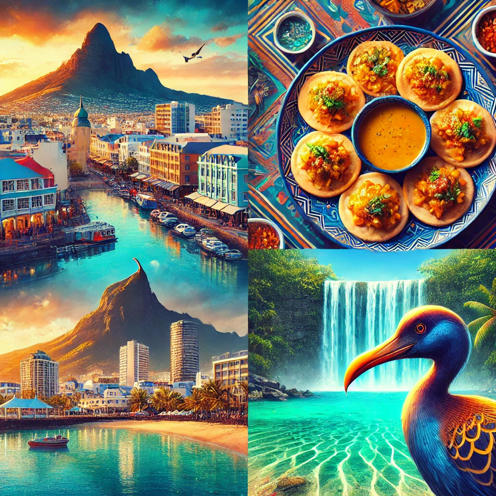 An image showcasing the vibrant cityscape of Port Louis with mountains in the background, a traditional plate of Dholl Puri, a Dodo bird illustration, and the stunning underwater waterfall illusion off the coast of Mauritius.