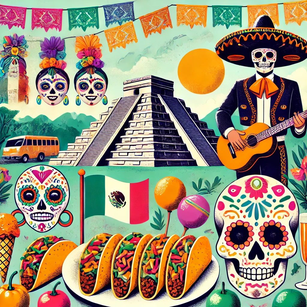 A lively quiz image featuring iconic Mexican elements such as Chichen Itza, tacos, mariachi bands, vibrant Día de los Muertos decorations, and colorful sombreros. Highlight Mexico’s rich culture and festive spirit.