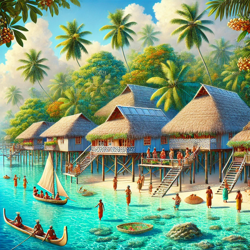 An idyllic island scene featuring Micronesian stilt houses, outrigger canoes, breadfruit trees, and turquoise waters. Include a vibrant cultural celebration in the background.