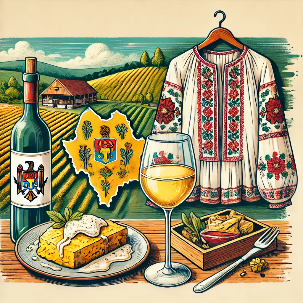 An image featuring a map of Moldova with its capital Chisinau highlighted, a glass of Moldovan wine, a plate of Polenta (Mamaliga), and a traditional embroidered blouse, set against a picturesque winery background to reflect its cultural richness and famous wine industry.