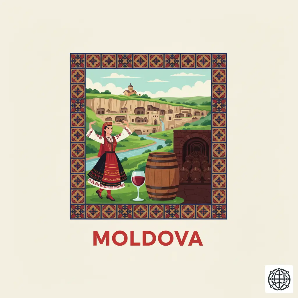 A stylized, modern illustration of Moldova, featuring a vast wine cellar, a traditional folk dancer, the Orheiul Vechi monastery complex, and a glass of red wine.