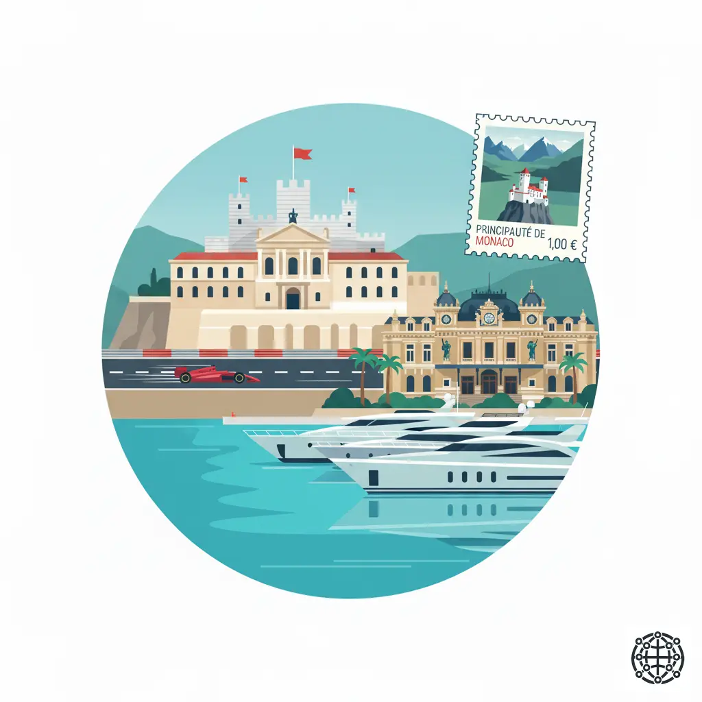 A stylized, modern illustration of Monaco, featuring the Monte Carlo Casino, a Formula 1 car on the Grand Prix circuit, a superyacht in the harbor, and the Prince's Palace.
