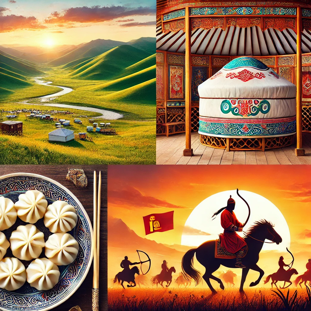 An image featuring a yurt in the Mongolian steppe with rolling hills, a close-up of Buuz (steamed dumplings), a depiction of Naadam Festival activities, and a silhouette of a Morin Khuur against a desert sunset.